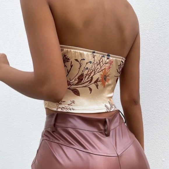 Cream Boho sexy floral print satin corset style party crop top - Picture 7 of 10